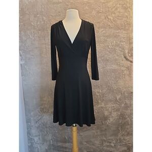 WHITE HOUSE BLACK MARKET Black Wrap V Neck 3/4 Sleeve Flared Midi Dress Womens S